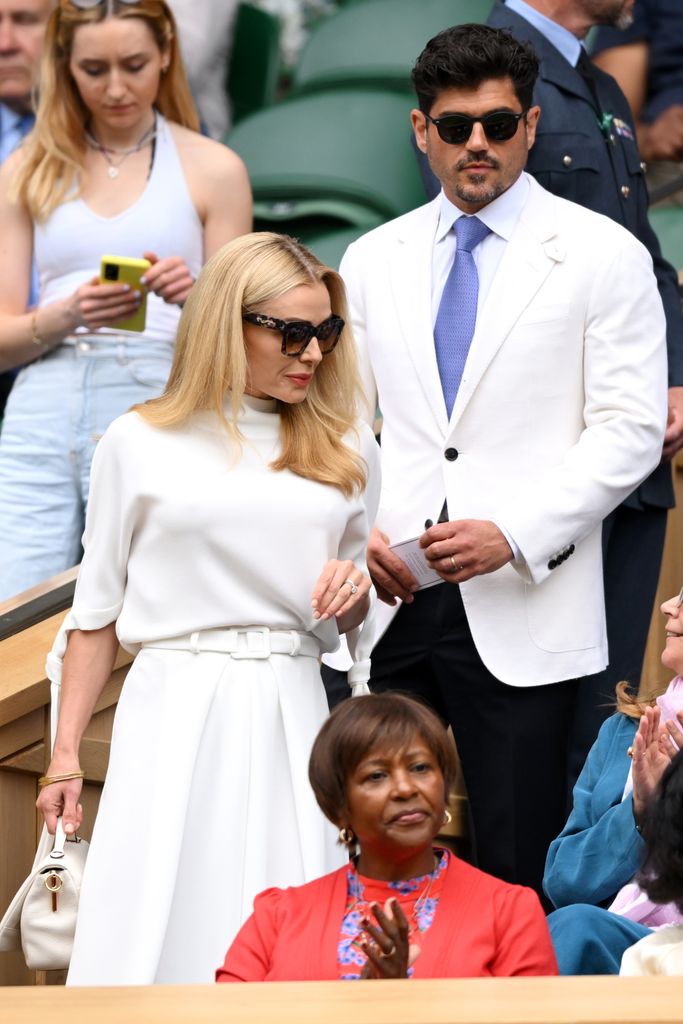 Katherine Jenkins wearing white dress in royal box at Wimbledon