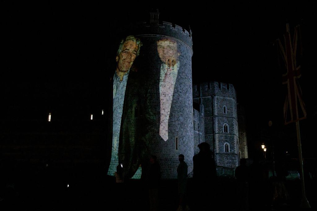 Political campaign group Led By Donkeys project an image of Jeffrey Epstein and Donald Trump onto Windsor Castle as US President Trump's second state visit to the UK begins on 16th September 2025 in Windsor, United Kingdom. (photo by Mark Kerrison/In Pictures via Getty Images)
