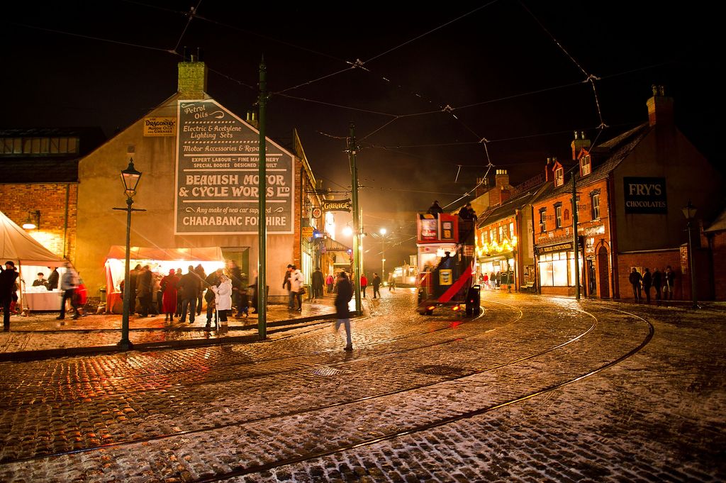  Christmas Experience At The Beamish Museum. Night time with bright lights shown 