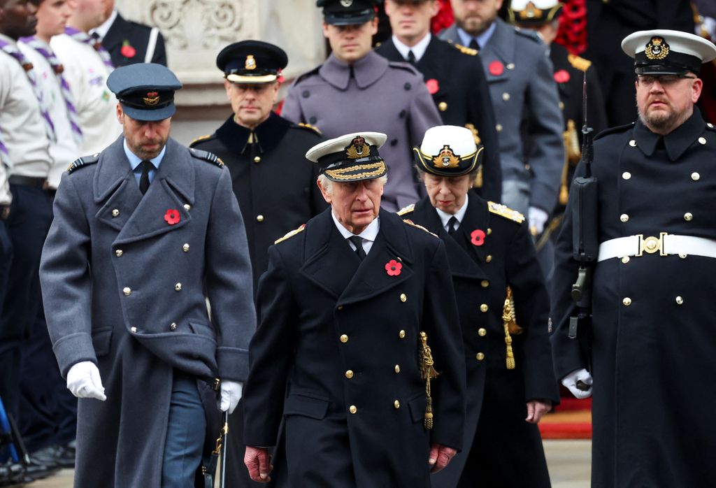 King Charles, Prince William and Princess Anne, attend the annual Service Of Remembrance at The Cenotaph )