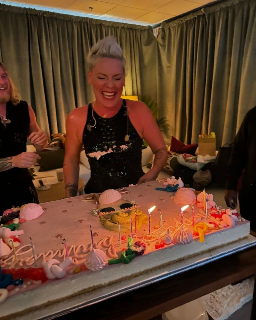 Pink laughs after getting birthday cake on her leotard while celebrating her 45th birthday, shared on Instagram