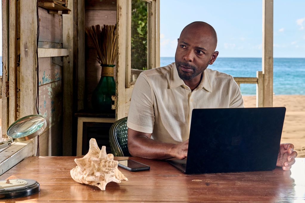 Man sitting at desk with laptop in front of beach background