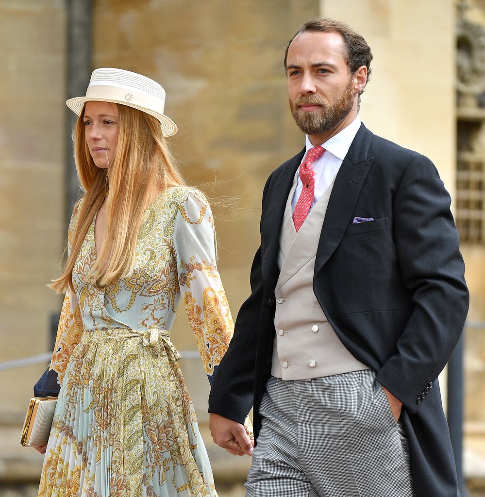 Alizee Thevenet and James Middleton walking in wedding guest attire