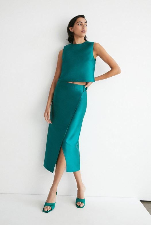 warehouse green satin skirt