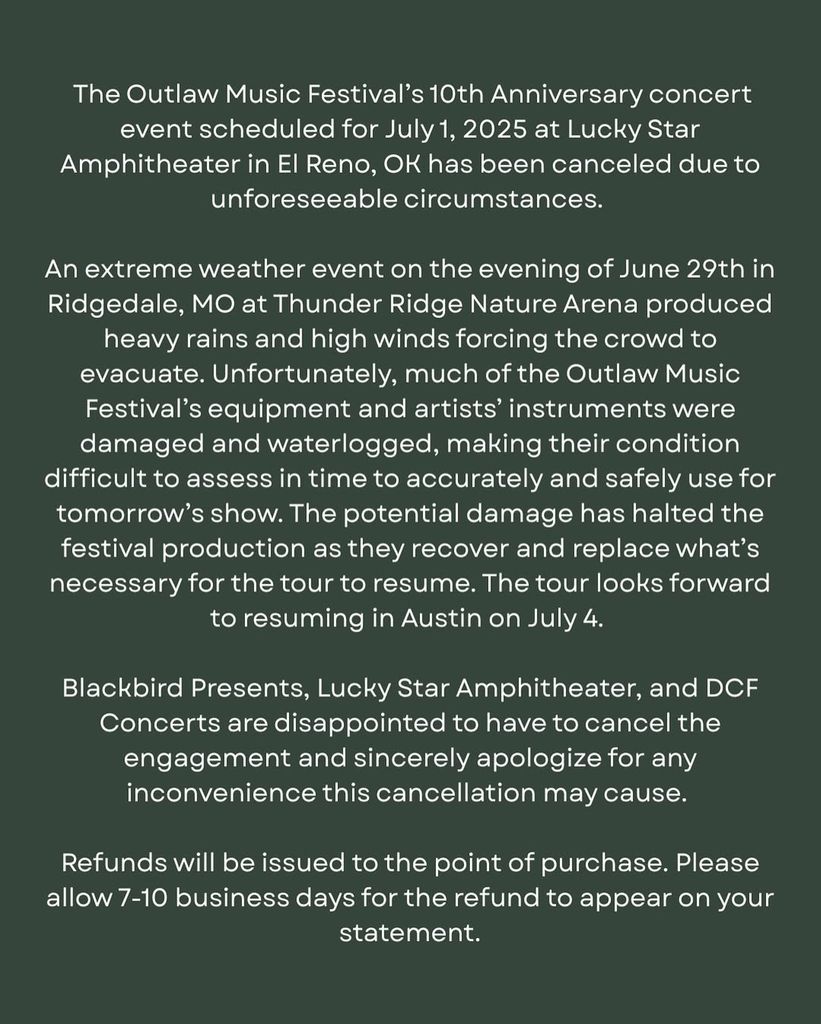 The Outlaw Music Festival's statement concerning the cancellation of their 10th anniversary concert, shared on social media