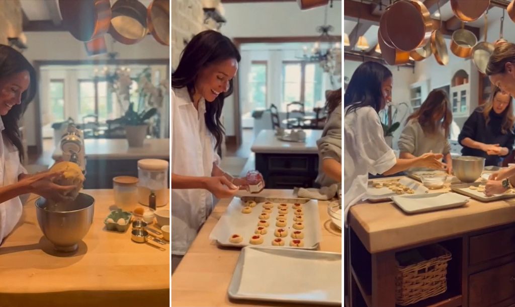 Meghan baking thumbprint cookies at her home with children