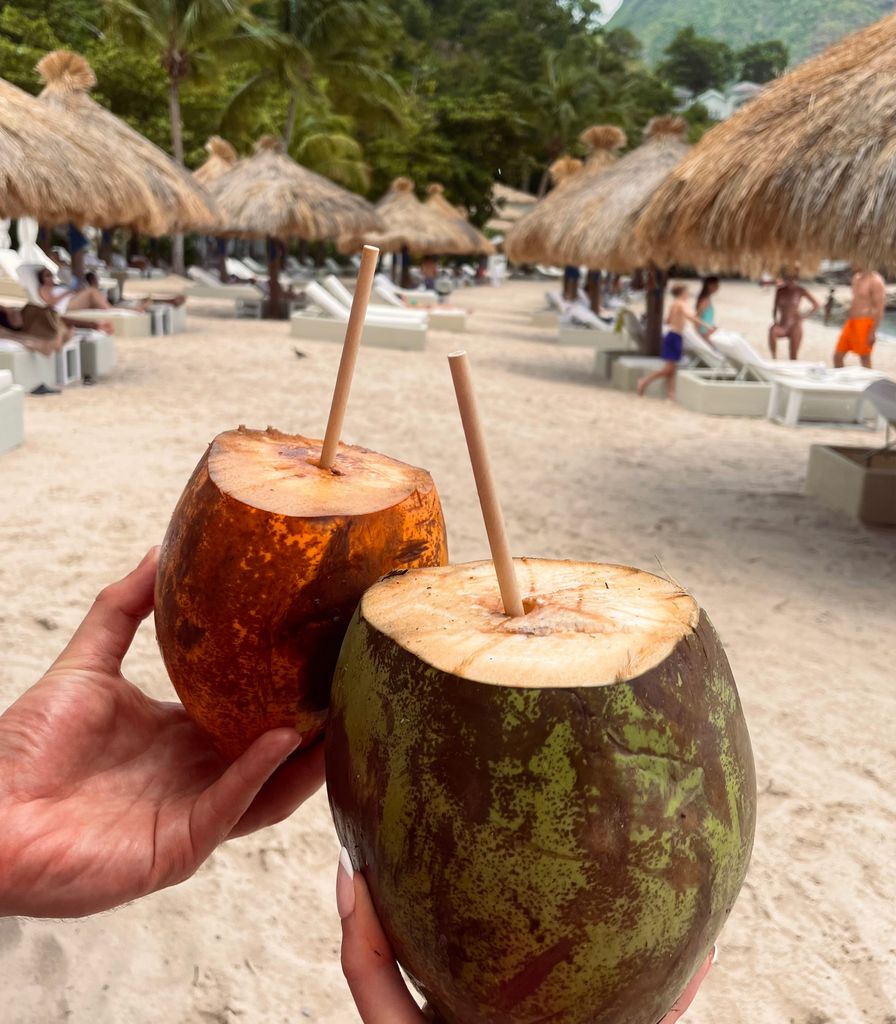 two coconuts held up with the beach and sun loungers behind