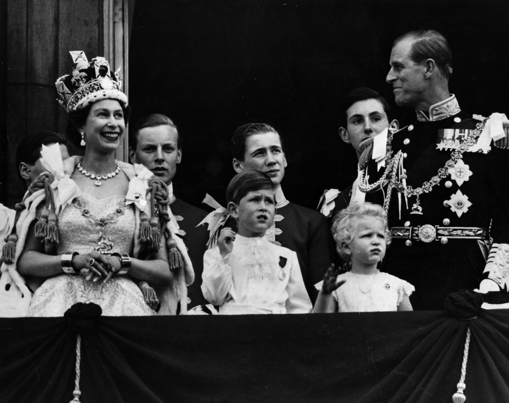 The Queen with King Charles, Princess Anne and Prince Philip on her coronation day