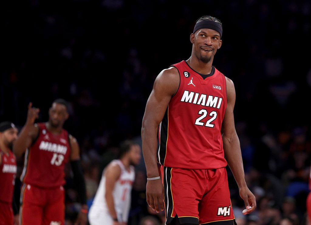 Jimmy Butler #22 of the Miami Heat reacts late in the fourth quarter during game one of the Eastern Conference Semifinals against the New York Knicks at Madison Square Garden on April 30, 2023 in New York City