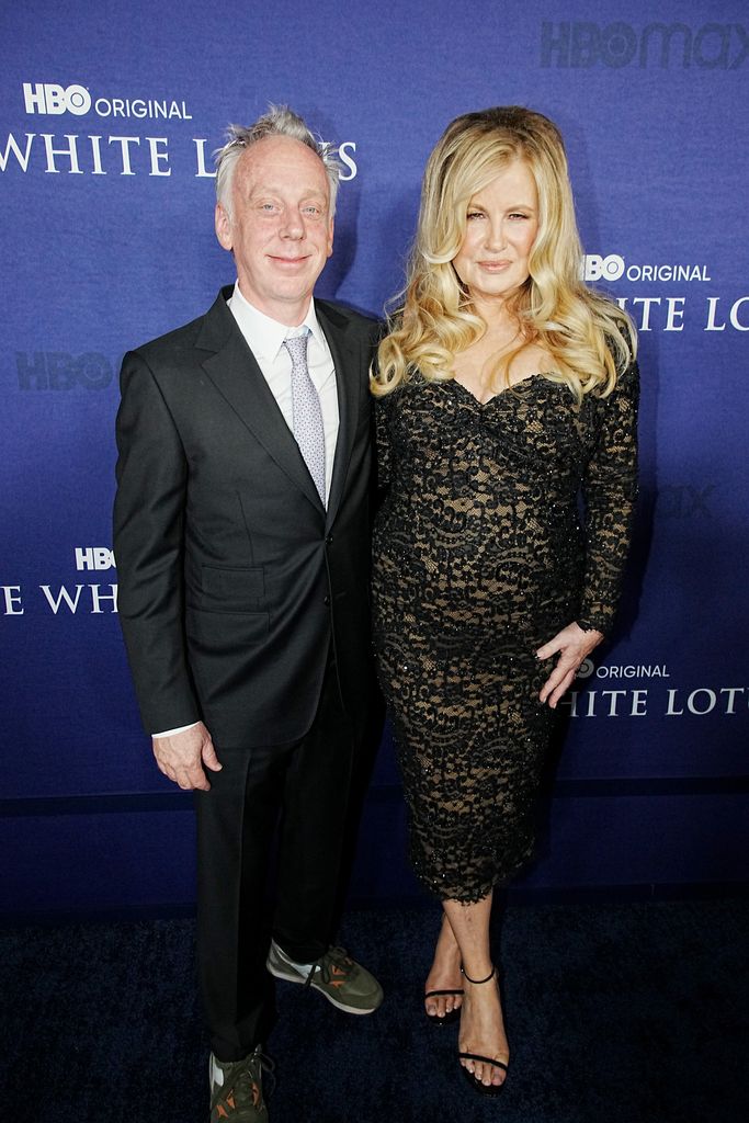 Mike White and Jennifer Coolidge attend the Los Angeles season 2 premiere of HBO original series "The White Lotus" at Goya Studios on October 20, 2022 in Los Angeles, California