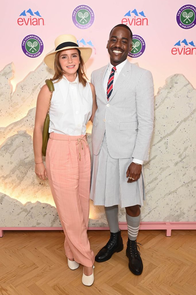 LONDON, ENGLAND - JULY 16: Emma Watson and Ncuti Gatwa pose in the evian VIP Suite on day fourteen of Wimbledon 2023 on July 16, 2023 in London, England. (Photo by Dave Benett/Getty Images for evian)