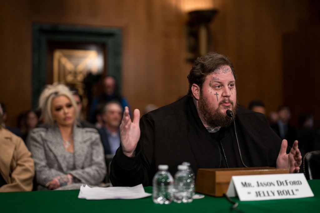 Jason "Jelly Roll" DeFord testifies before the Senate Banking, Housing, and Urban Affairs committee on January 11, 2024 in Washington, DC. The hearing examined legislative solutions and public education for stopping the flow of fentanyl into and throughout the United States