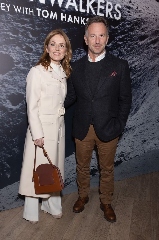 Geri Horner in white coat look with husband