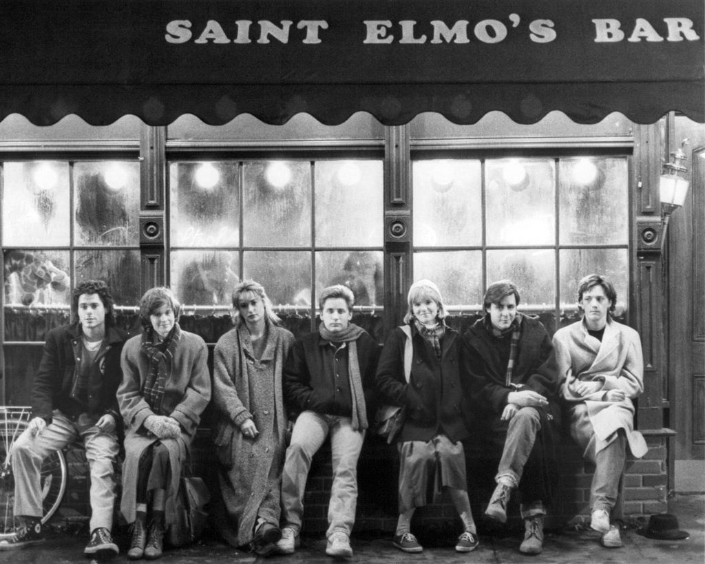 The cast of 'St. Elmo's Fire', directed by Joel Schumacher. Left to right: Rob Lowe, Ally Sheedy, Demi Moore, Emilio Estevez, Mare Winningham, Judd Nelson and Andrew McCarthy. 