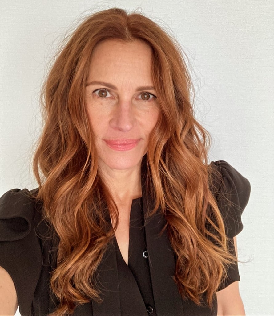 Selfie shared by Julia Roberts on Instagram November 18, 2023, where she appears with her signature red hair in waves and wearing a black blouse.