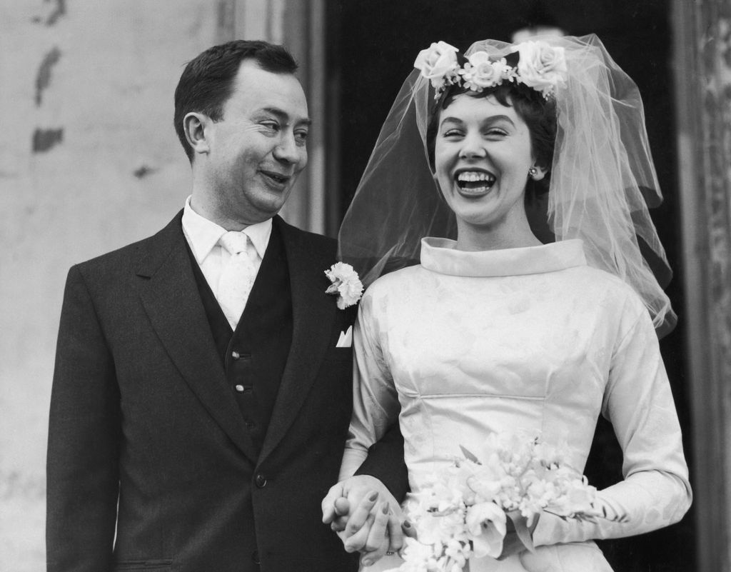 Black-and-white image of Peter Sallis and Elaine Usher on their wedding day
