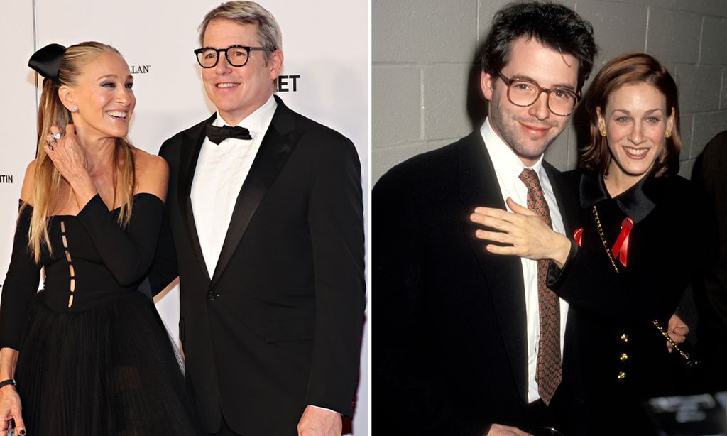 Sarah Jessica Parker smiling at Matthew Broderick on the left and a younger version of them on the right