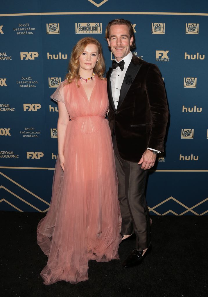 Kimberly Brook in pink dress and James Van Der Beek in black suit attend the FOX, FX and Hulu 2019 Golden Globe Awards after party at The Beverly Hilton Hotel in 2019.
