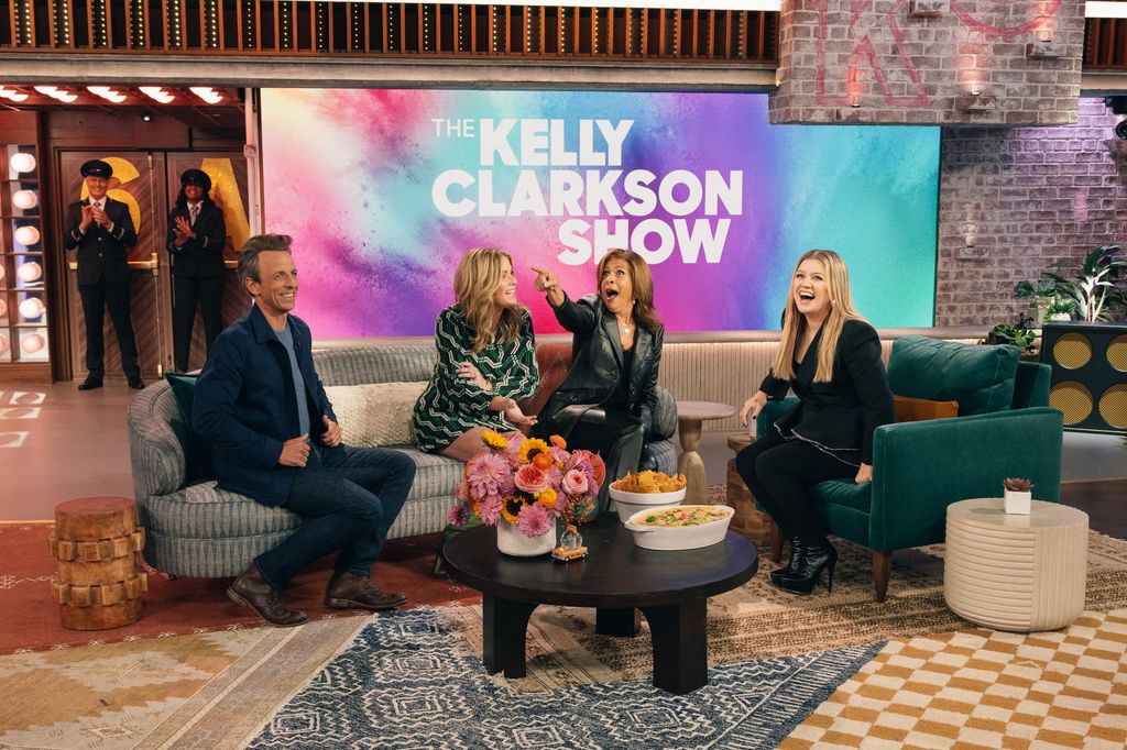 Seth Meyers, Jenna Bush Hager, Hoda Kotb, Kelly Clarkson on the premiere of The Kelly Clarkson Show's fifth season on October 16, 2023