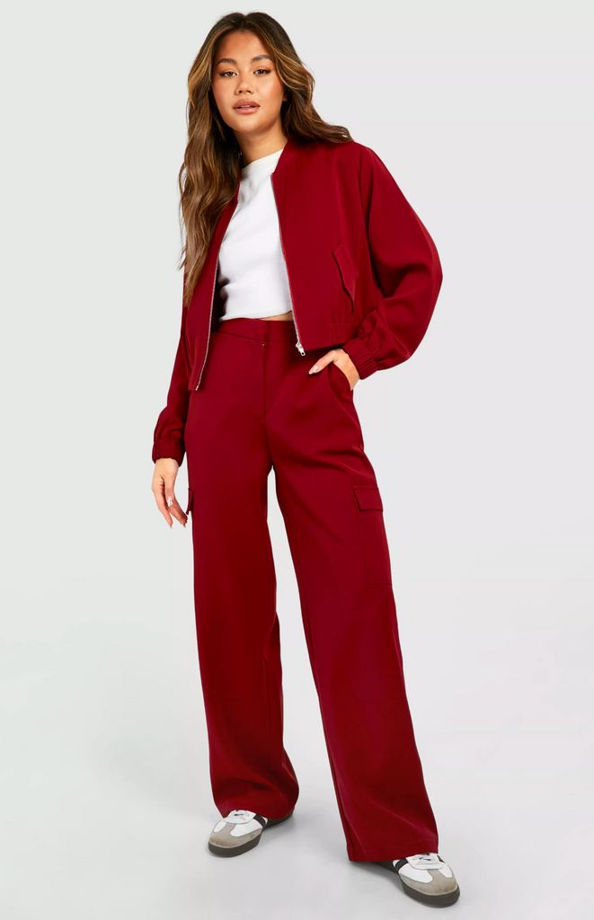 boohoo suit in red with bomber jacket and cargo trousers
