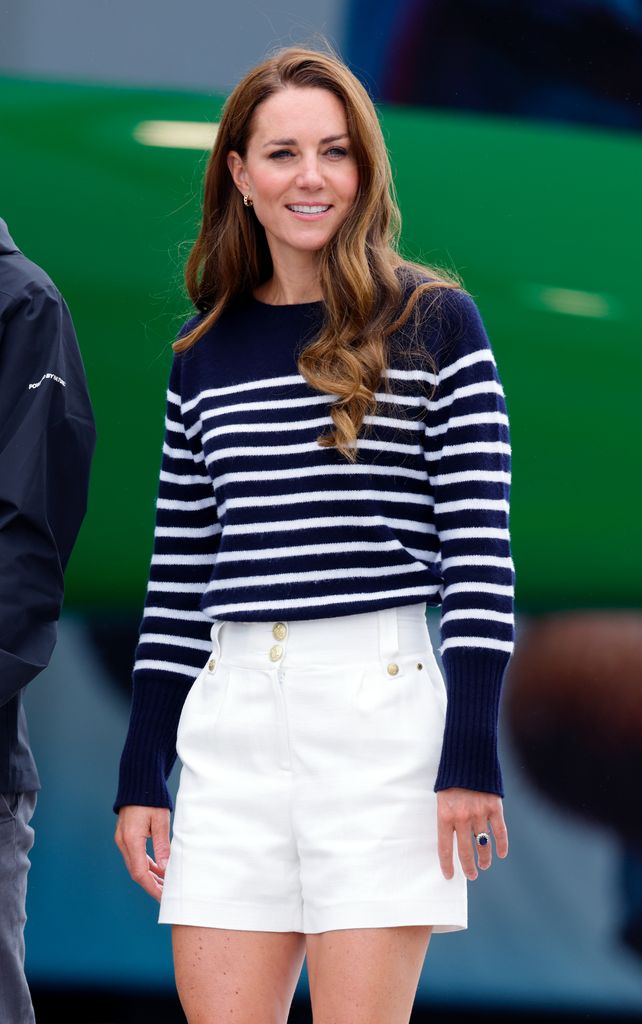 Kate Middleton in a striped top and white shorts