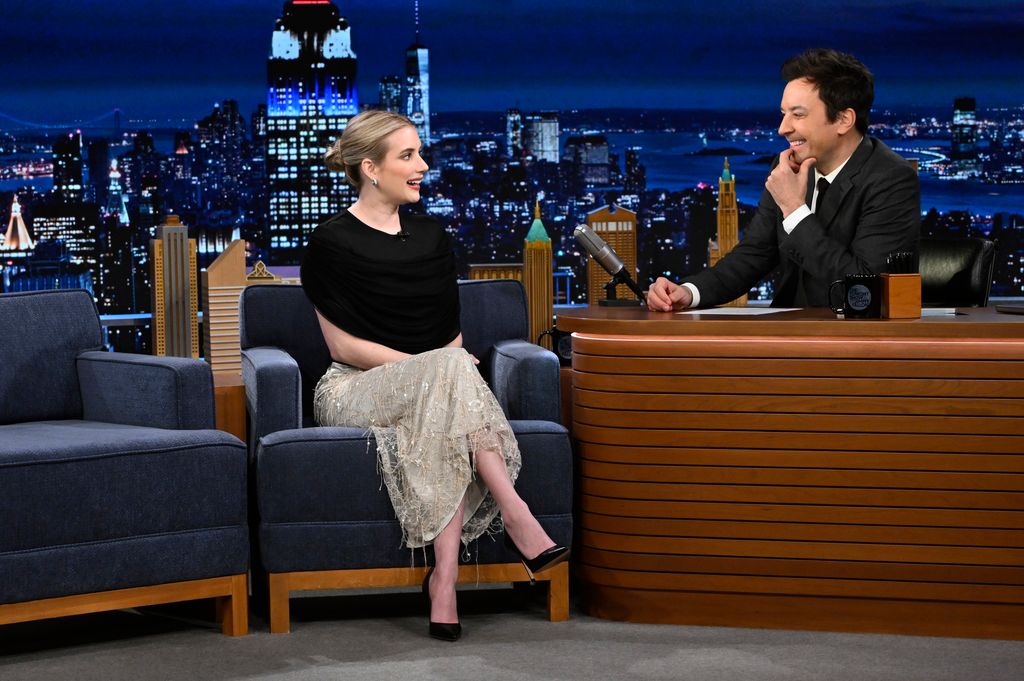 Actress Emma Roberts during an interview with host Jimmy Fallon