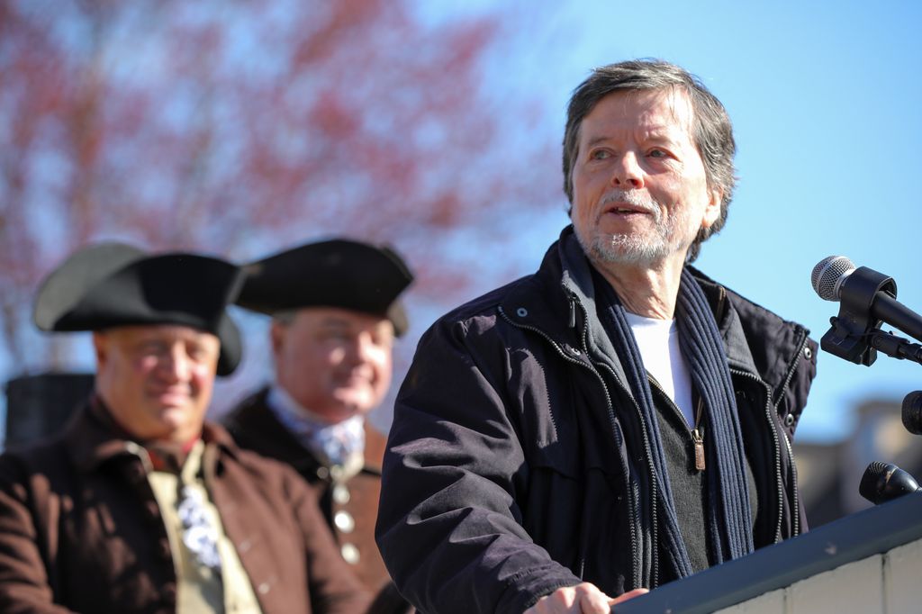 Filmmaker Ken Burns speaks during a press conference ahead of the celebration of the 250th anniversary of The Battle of Lexington in front of the Minuteman Statue