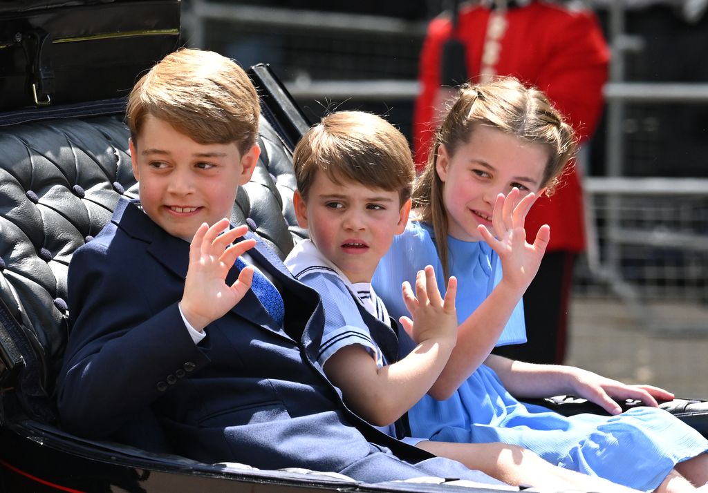 Prince George, Prince Louis and Princess Charlotte in the carriage procession at Trooping the Colour during Queen Elizabeth II Platinum Jubilee on June 02, 2022 in London, England. UK and Commonwealth to mark the 70th anniversary of her accession to the t