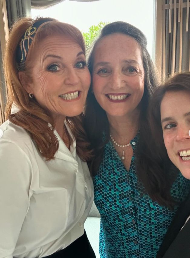 Sarah Ferguson and Princess Eugenie smiling with another woman