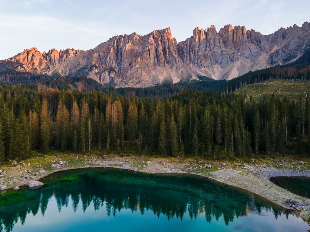 Sunset Over Lake Carezza Karersee and Latemar Massif in Dolomites