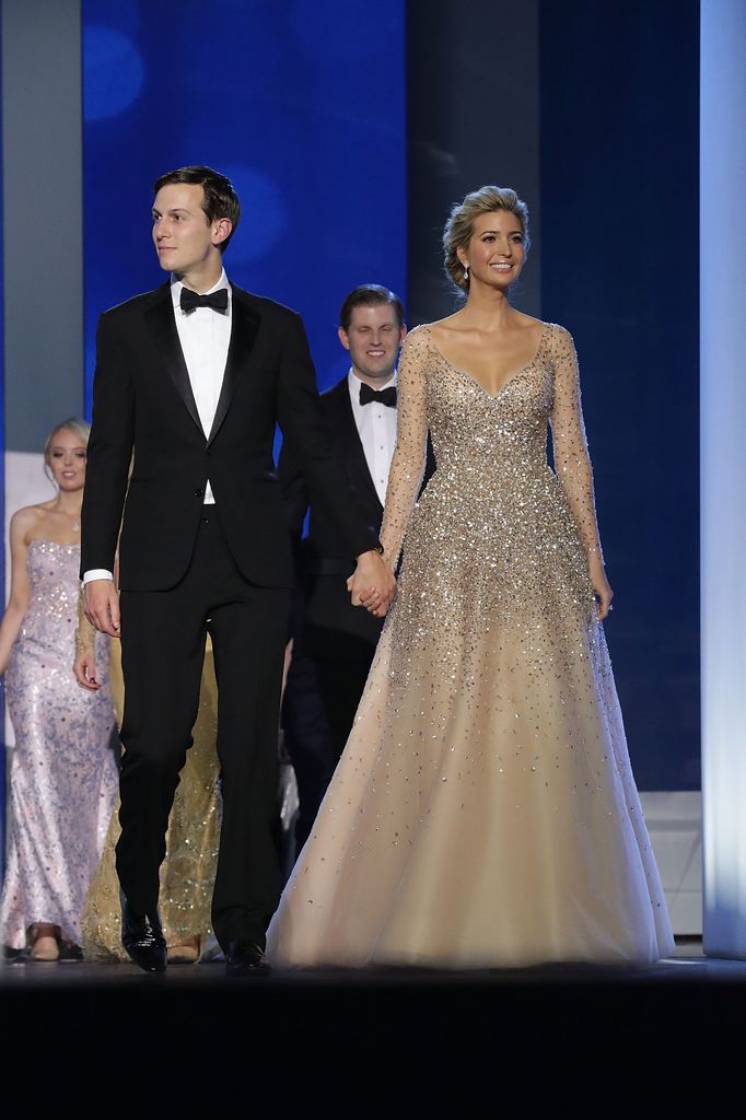 Wearing a sparkling nude-toned gown, Ivanka walks hand in hand with her husband onstage. The dress is glamorous and shimmery, capturing the light beautifully at the Freedom Ball at the Washington Convention Center January 20, 2017 in Washington, DC. 