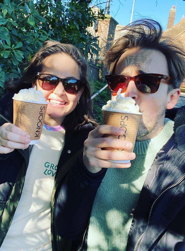 giovanna fletcher and tom drinking hot chocolate on seaside escape east sussex
