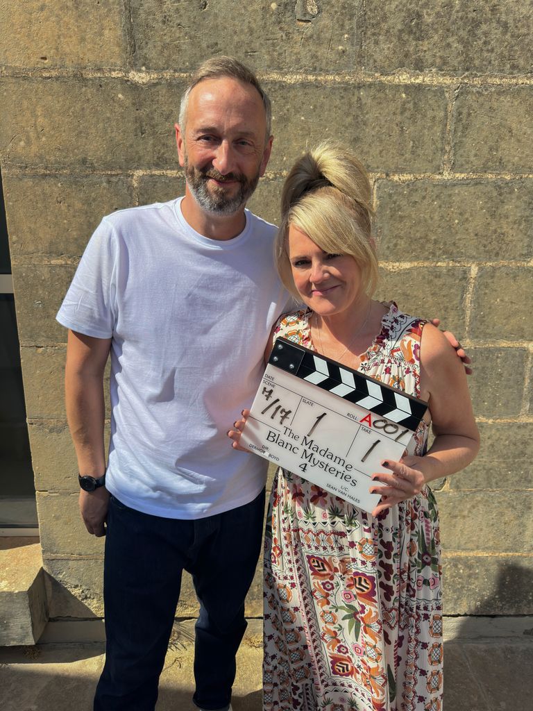 Steve Edge and Sally Lindsay on the set of The Madame Blanc Mysteries