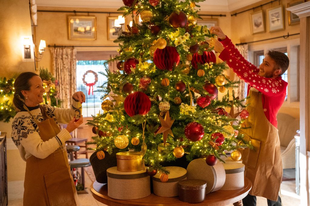 Staff at Highgrove Gardens dress a Christmas tree in the Ante Room