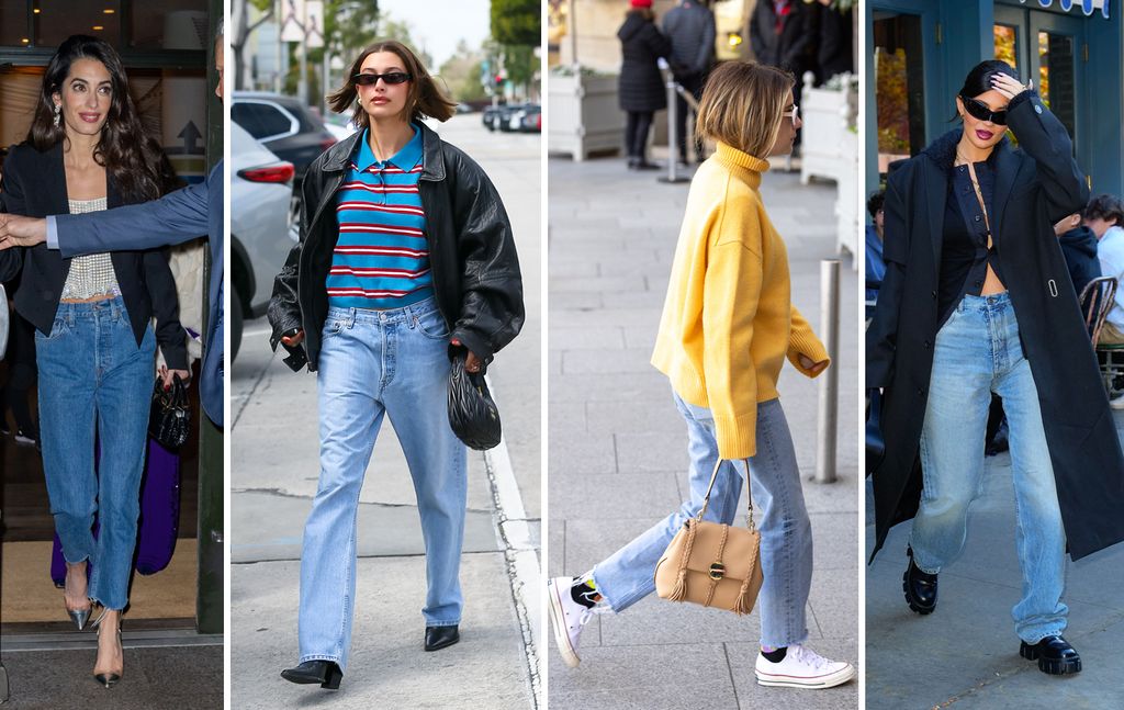 Celebrities wearign mom jeans - Amal Clooney, Hailey Bieber, Emma Roberts and Kylie Jenner