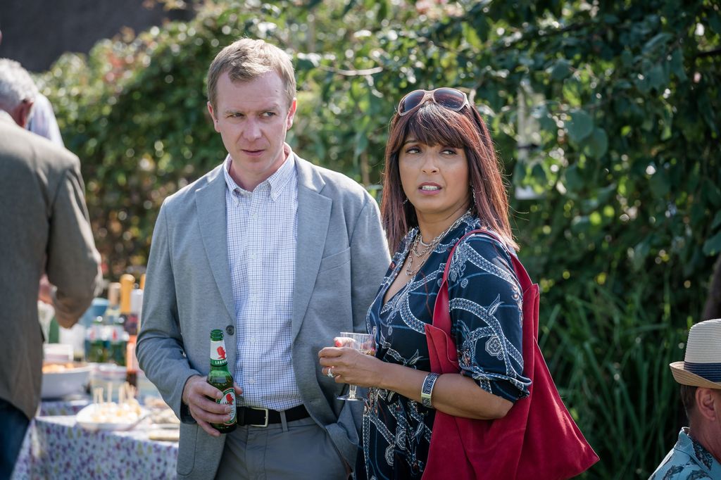 Steven Robertson as Mark Bradwell and Sunetra Sarker as Stella Bradwell in The Bay