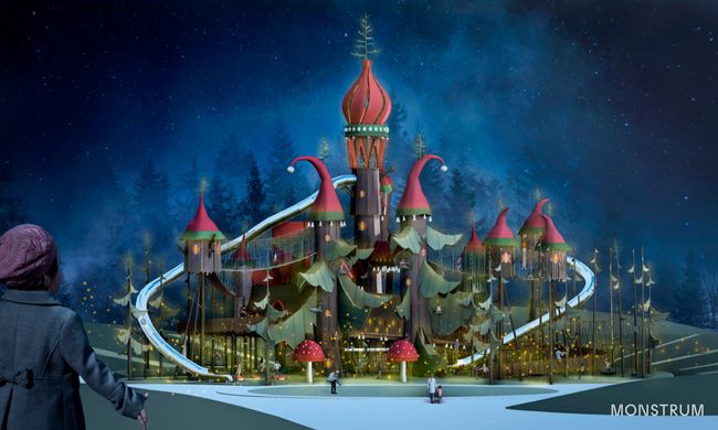 a computer generated image of an other worldly city featuring tall red domed towers and a large slide spiralling around the entire place as a child looks at the sight