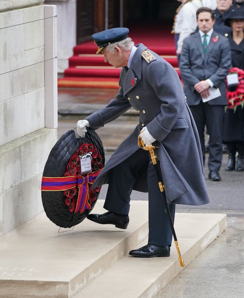 King Charles III lays a wreath during the Remembrance Sunday service at the Cenotaph