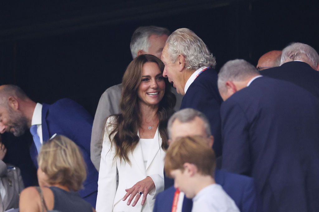 Princess Kate wearing a white blazer at the Rugby World Cup match