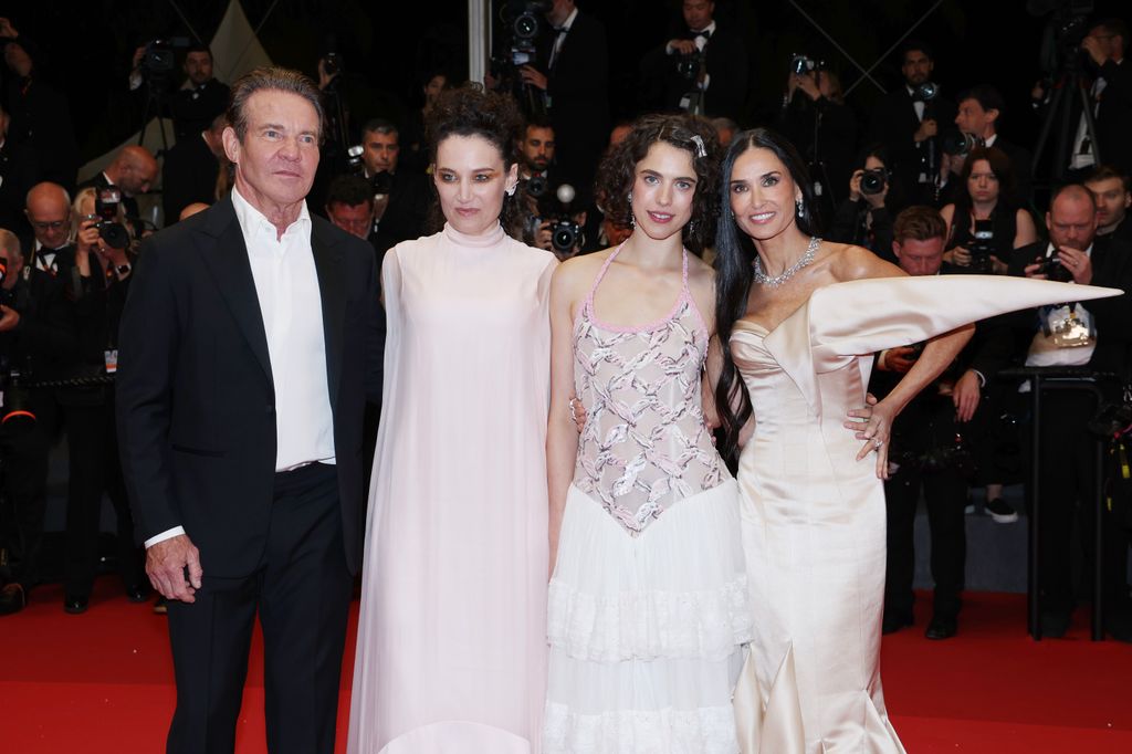 (L-R) Dennis Quaid, Coralie Fargeat, Margaret Qualley and Demi Moore attend the "The Substance" red carpet