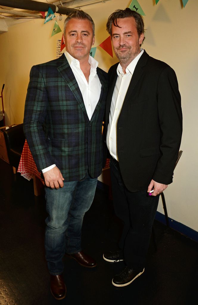 Matt LeBlanc and Matthew Perry pose backstage following a performance of "The End Of Longing", Matthew Perry's playwriting debut which he stars in at The Playhouse Theatre on April 30, 2016 in London, England