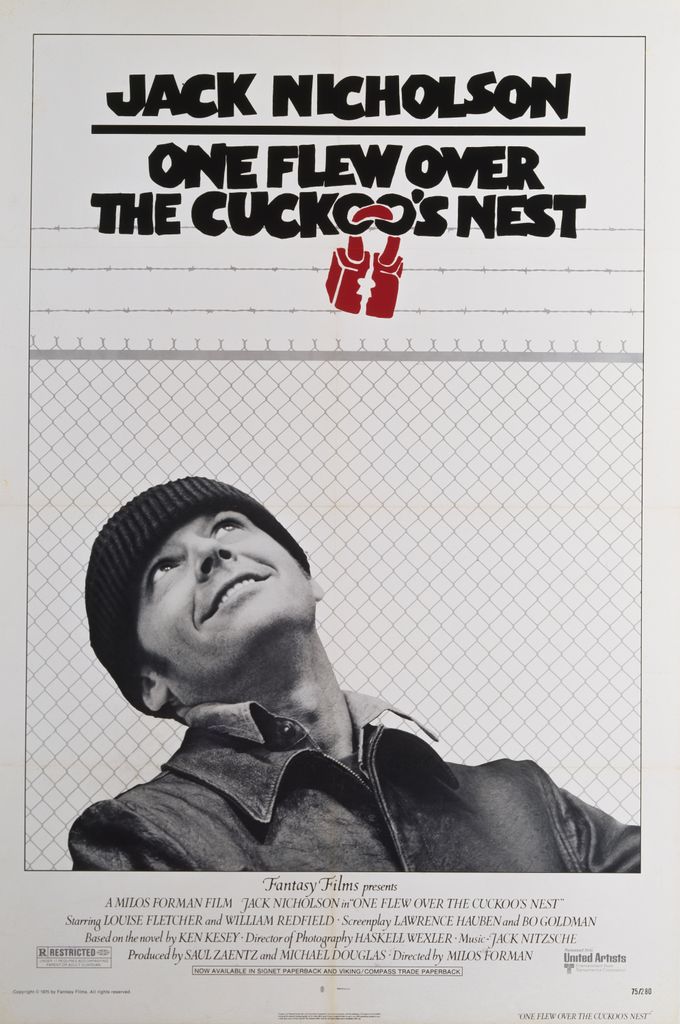 Actor Jack Nicholson appears on a US one-sheet for the Fantasy Films production 'One Flew Over The Cuckoo's Nest', 1975.