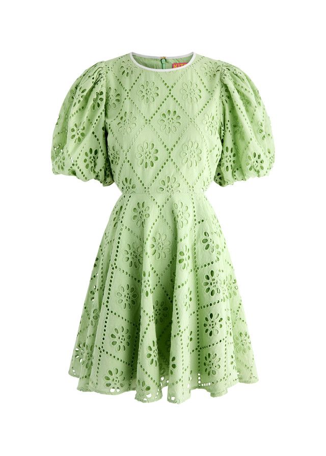 mini dress made from light green broderie anglaise fabric