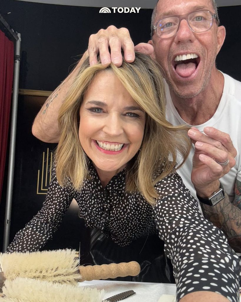 Savannah Guthrie in polka dot shirt with celebrity hairstylist Chris McMillan