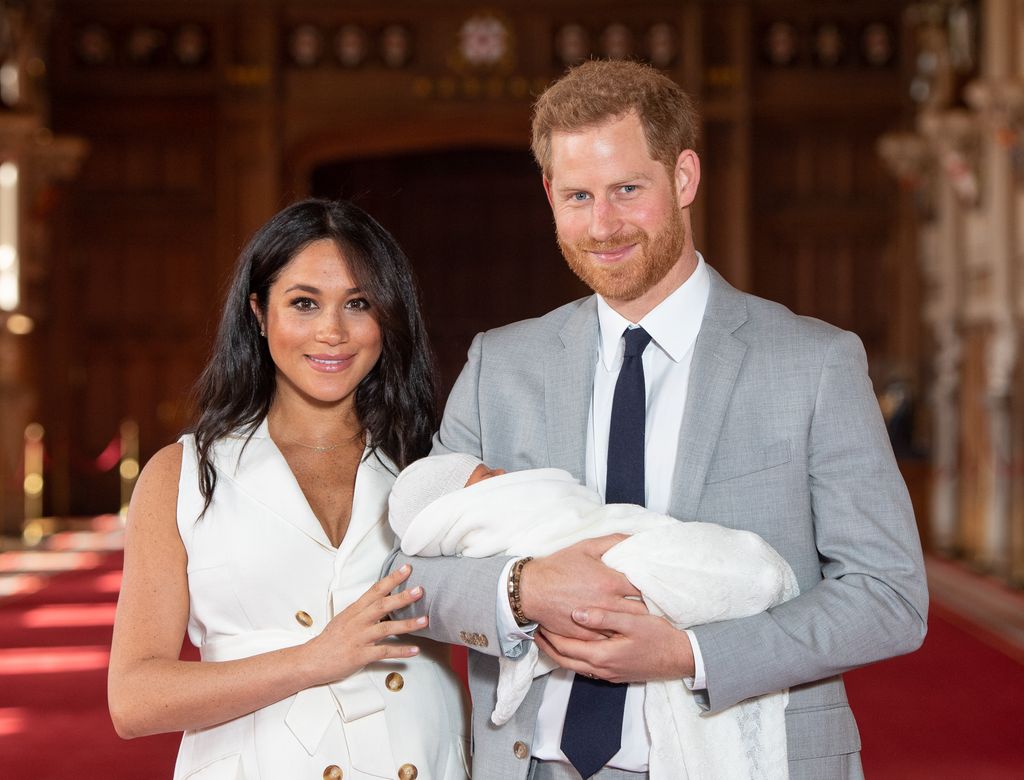 Meghan and Harry with baby  in St George's Hall at Windsor Castleafter she gave birth to Archie at The Portland Hospital
