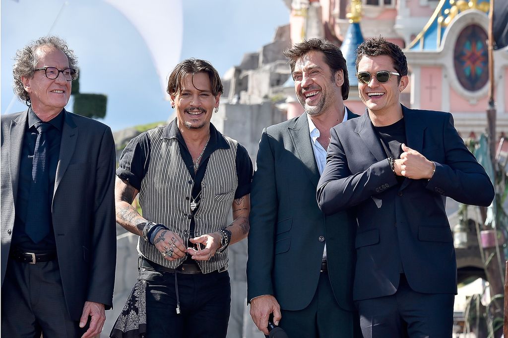 Geoffrey Rush, Johnny Depp, Javier Bardem and Orlando Bloom attend the European Premiere to celebrate the release of Disney's Pirates of the Caribbean: Salazar's Revenge at Disneyland Paris on May 14, 2017 in Paris, France