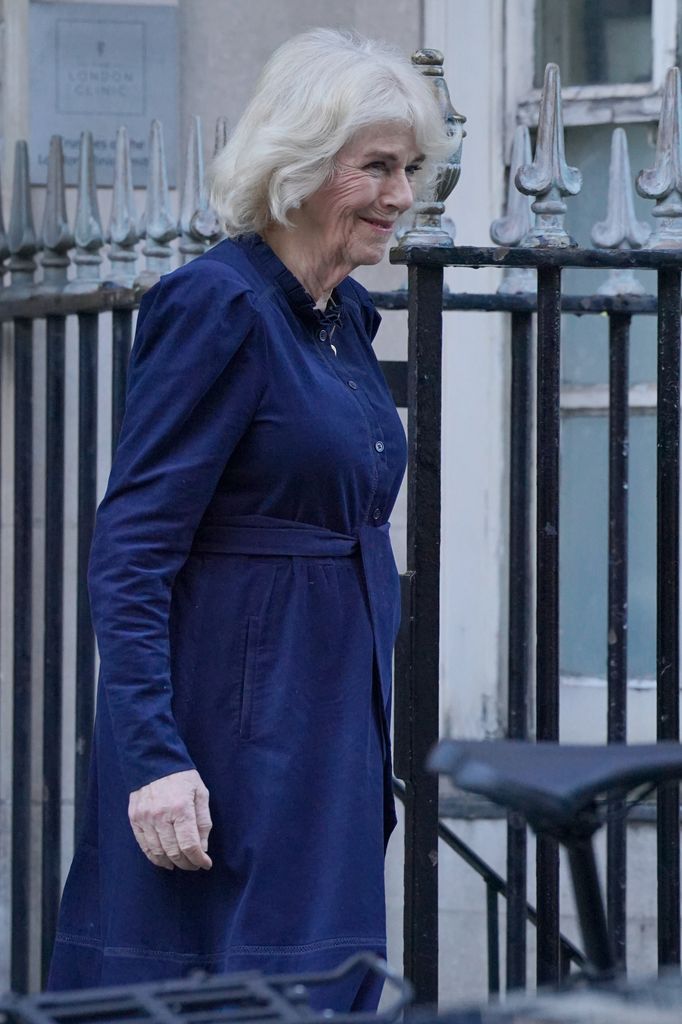 Rainha Camilla em vestido de cordão azul
