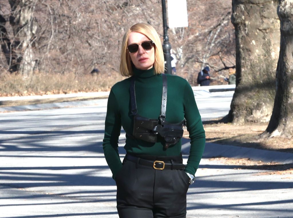 Uma Thurman is seen on the set of "Dexter: Resurrection" in Central Park on March 03, 2025 in New York City