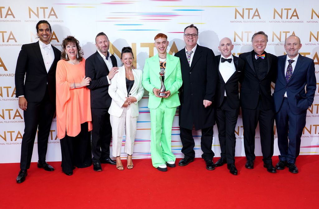 Olly Alexander, Russell T Davies and the cast and crew of It's A Sin in the press room after winning the New Drama award at the National Television Awards 2021 