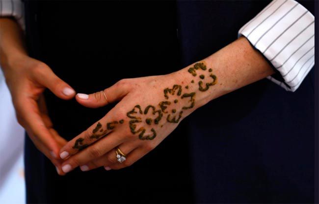 Close up view of Meghan Markles henna tattoo